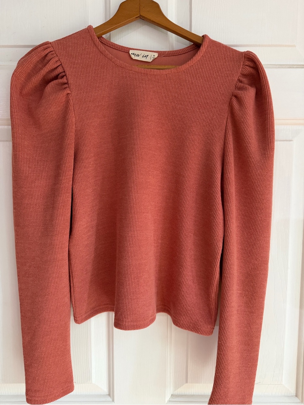 Puff-Sleeve Ribbed Long Sleeve Top in Rust